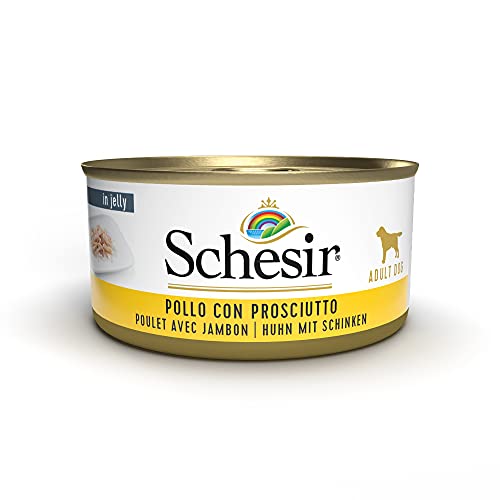 Schesir, Cibo Umido per Cani Adulti al Gusto Pollo con Prosciutto Preparato in Morbida Gelatina - Totale 2,7Kg (18 Lattine da 150G)