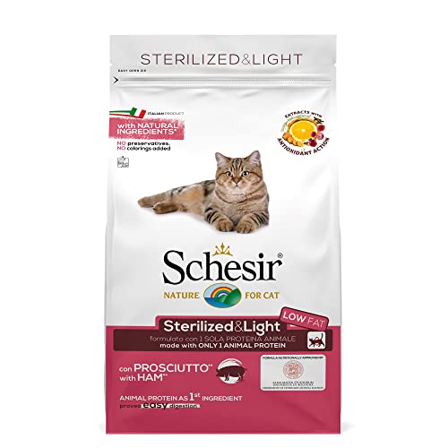 Schesir Sterilized & Light, Cibo Secco per Gatti Adulti Sterilizzati al Gusto Prosciutto, Crocchette - Sacco da 1,5 Kg