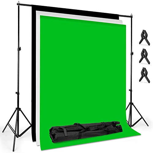 Sfondo Fotografico Kit, 2m x 3m Bianco Nero, Verde, Green Screen Kit con Supporto Regolabile 2,6 x 3m, 3 Morsetti e Borsa di trasporto, Telo Verde Studio Fotografico Kit per Video e Foto