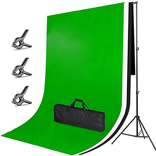 Sfondo Fotografico Kit 3x2m, 3m x 2m Bianco Nero Verde fondale fotografico, Green Screen Kit con Supporto, 3 Morsetti e Borsa di trasporto, Telo Verde Kit per Studio Fotografico