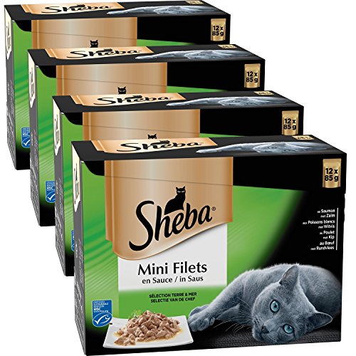 Sheba - Filettini in salsa per gatti adulti, cibo umido per gatti, selezione tera e mare (48 confezioni salva-freschezza da 85 g)
