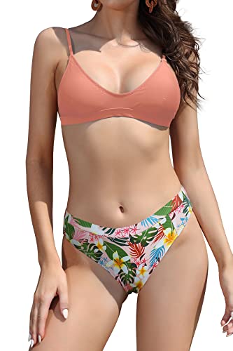 SHEKINI Costume da Bagno Due Pezzi V-Collo Halter Top Tracolla Regolabile Stampato Triangolo Fondo Bikini Costumi Due Pezzi Donna Bikini da Spiaggia (M, Pallido Grigio Rosato)
