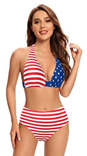 SHEKINI Costumi da Bagno Due Pezzi Donna Scollo a V Halter Regolabile Bikini Top Costume Due Pezzi Stampati Triangolo Bikini Fondo da Spiaggia(S,Bandiera Americana)