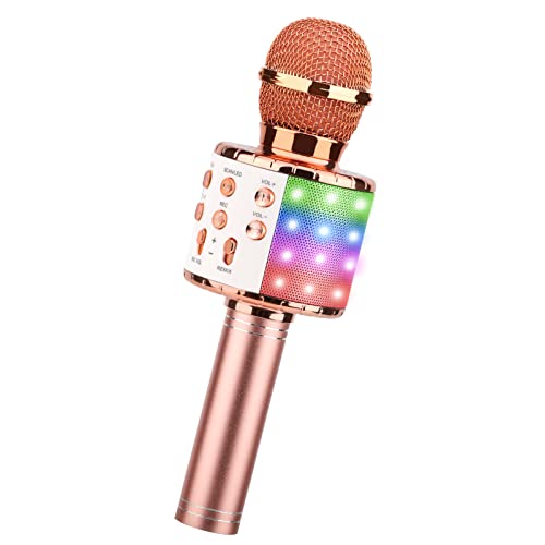 ShinePick Microfono Karaoke Bluetooth, Microfono bambini, Microfoni Wireless LED Flash Portatile Karaoke Player con Altoparlante per Android iOS, PC e Smartphone(Oro Rosa)