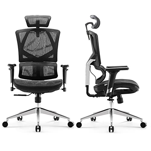 SIHOO - Sedia da ufficio ergonomica, schienale alto in rete traspirante con schienale regolabile in altezza, braccioli 3D, poggiatesta e supporto lombare dinamico (nero)