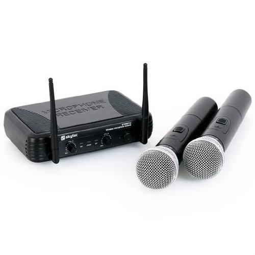 Skytec STWM712 Set Radiomicrofoni Wireless (Ricevitore VHF a 2 Canali, 2 Microfoni Palmari, Trasmissione Fino a 50m, Autonomia Fino ad 8 Ore, Adatto per Voce e Canto, Riduzione Fruscio)