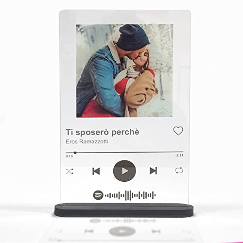 SLIDE Targa Spotify in Plexiglass NUOVO MODELLO 2022 con base supporto a scelta. Foto e Codice personalizzati con nome cantante e titolo canzone scansionabile. Idea Regalo