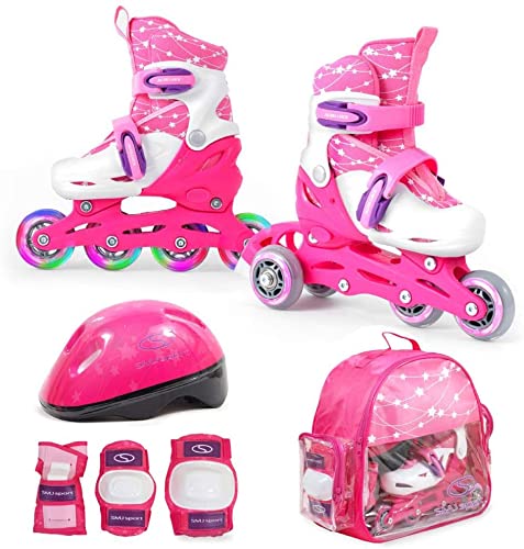 SMJ - Set 2 in 1 per bambine e ragazze, pattini in linea regolabili, set di protezioni + casco + custodia, Colore: rosa., 30-33