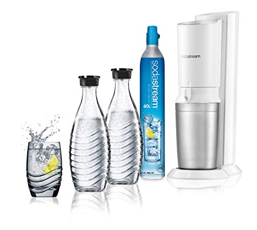 Sodastream Gasatore D Acqua Frizzante Crystal Mega Pack, 2 Bottiglie di Vetro e 1 Cilindro CO2 inclusi, Bianco