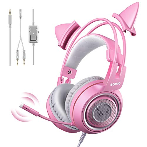 SOMIC G951S Cuffia da gioco rosa con microfono, Cuffie con microfono per ragazze Pink Cat con 3,5 mm cablate per Xbox One, Nintendo Switch, PS4, iPhone, iPad