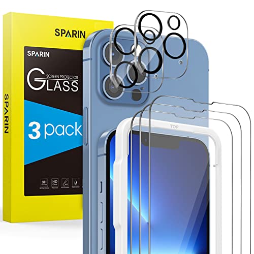 SPARIN 3+2 Pezzi Vetro Temperato compatibile con iPhone 13 Pro 6.1 Pollici, 3 Pellicola Protettiva e 2 Vetrino Fotocamera Pellicola, Facile da Installare con Strumento, Protezione Posteriore