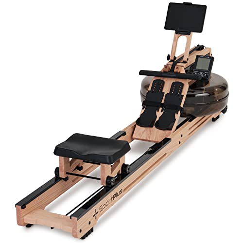 SportPlus Home Rowing Machine - Resistenza all acqua - Legno massiccio (quercia) - Computer di allenamento e Bluetooth - Alta qualità e design - Supporto per tablet