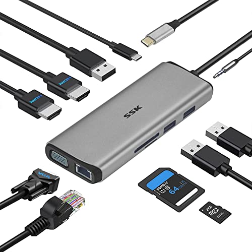 SSK Hub USB-C 11 in 1, dock station per laptop con triplo display, adattatore multiporta di tipo C con 2 (doppio) HDMI, VGA, PD3.0, SD   TF CR, RJ45 ecc. Per MacBook   XPS e altr