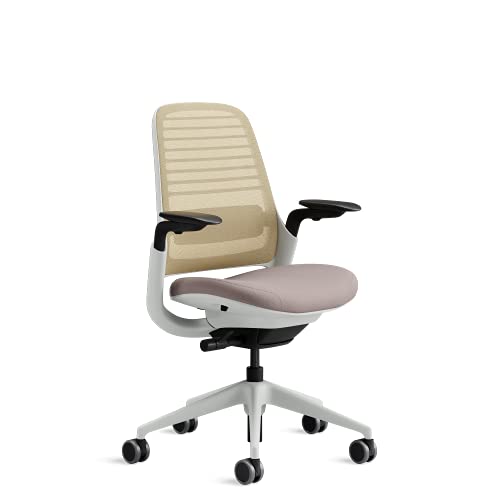 Steelcase Series 1 Sedia da ufficio ergonomica regolabile in altezza con supporto lombare regolabile e braccioli, schienale in rete beige traspirante e tessuto del sedile grigio arancione