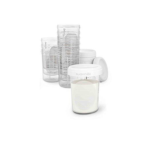 Suavinex - Vasetti con tappo ermetico antiperdita per la conservazione del latte materno da 10 unità, Per congelare e trasportare il latte materno, Senza BPA