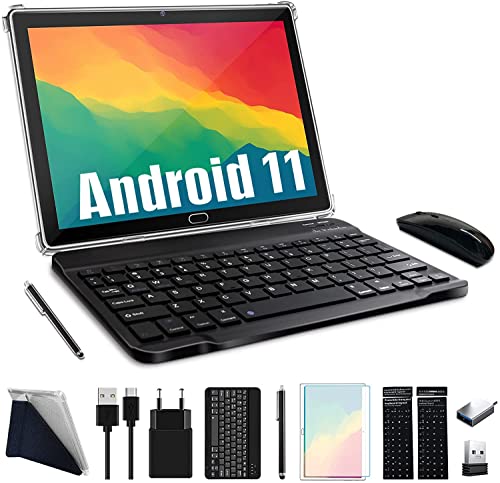Tablet 10 Pollici Android 11,FEONAL 4G LTE Tablet PC Con 2 SIM Slot 4GB RAM 64GB ROM 128GB TF Con Mouse Tastiera Penna OctaCore 1080P FHD Face ID 6000mAh 13 MP Fotocamera Bluetooth WiFi GPS OTG-Nero