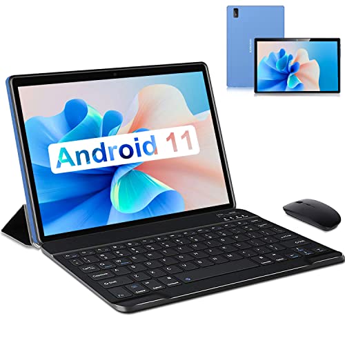 Tablet 10 Pollici con Wifi Offerte Android 11, Tablet in Offerta 4GB RAM 64GB TF 256GB Quad Core 1.8Ghz Tablet PC 6000mAh Bluetooth Netflix Type-C Tablet con Tastiera e Mouse(WiFi Versione),Blu