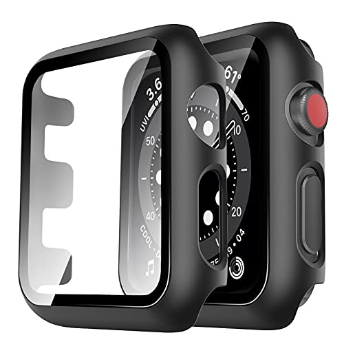 TAURI 2 Pezzi Cover Apple Watch Series 3 2 1 42mm Pellicola Protettiva in Vetro Temperato, [Sensibile al Tocco] [Copertura Completa] Cover Protettiva Paraurti Sottile per iWatch 42mm - Nero