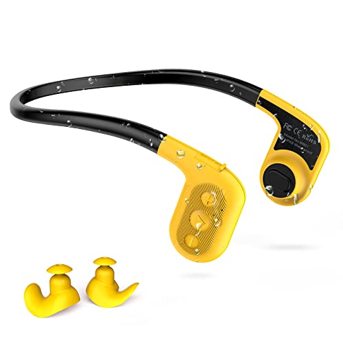 Tayogo W01 Cuffie Conduzione Ossea Nuoto, Open-Ear 8 GB Lettore MP3 Subacqueo a Conduzione Ossea con Radio FM (Giallo)