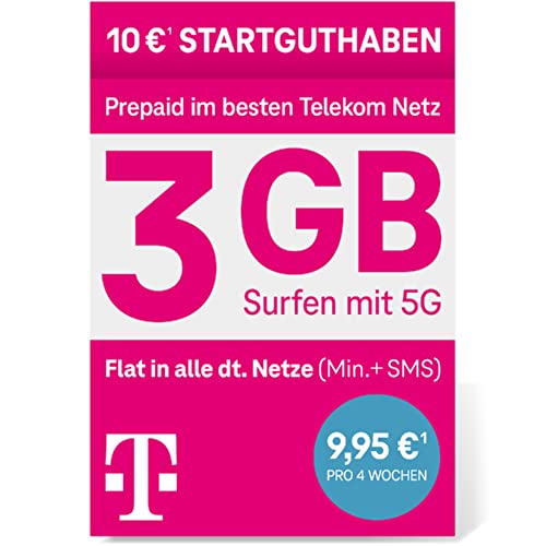 Telekom MagentaMobil - Scheda SIM prepagata M Senza contratto, 5G Incluso I + 3 GB & Allnet Flat (Min, SMS) in Tutte Le reti e Roaming UE I 10 EUR