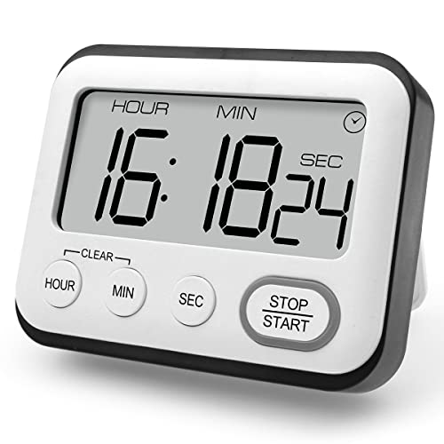 Timer da cucina Sveglia multifunzionale con ampio display LCD a grandi cifre, Digitale Contaminuti da Cucina Cronometro Digitale con Funzione Orologio