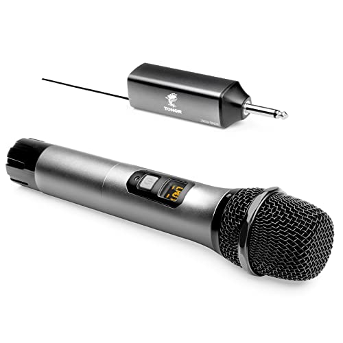 TONOR Microfono wireless, UHF sistema microfonico portatile in metallo cordless con ricevitore ricaricabile, uscita 1 4  per amplificatore, sistema PA, macchina da karaoke cantante, 60m (TW-620)