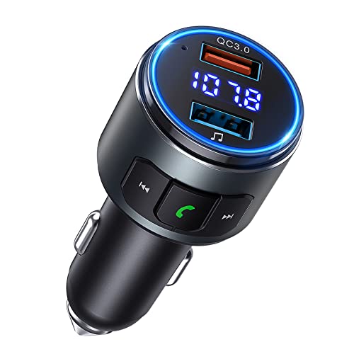Trasmettitore FM Bluetooth 5.0, FM Trasmettitore per Auto Radio Adattatori Vivavoce Car Kit MP3 Audio Lettore Caricabatterie Auto con QC 3.0 o 5V 2.4A, Chiamata in Vivavoce per Guida Sicura