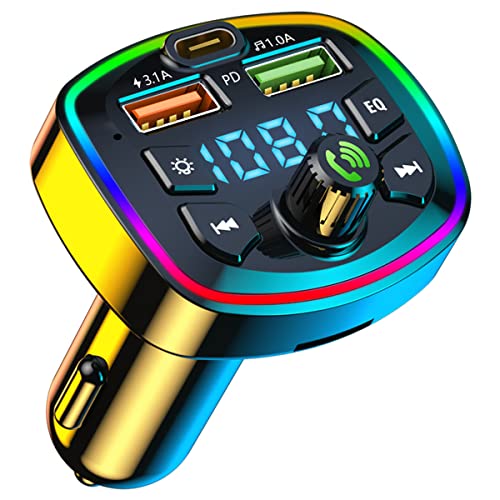 Trasmettitore FM Bluetooth 5.0 per Auto Radio Adattatori Vivavoce Car Kit MP3 Audio Lettore Caricabatterie Auto con 2 Porte USB Supporto U Disk TF Card (Q7 con retroilluminazione a 7 colori)