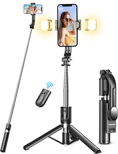 Tupwoon Bastone per Selfie [2022 Treppiede Migliorato- 2 Luce di Riempimento ] Treppiede per Telefono Extra Lungo da 114CM con Telecomando Staccabile Compatibile con iPhone Samsung