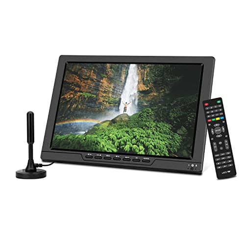 TV portatile, TV DVB-T2 a batteria ricaricabile LCD da 13,3 pollici con Freeview, presa USB, jack per cuffie, telecomando, ingresso AV, HDMI-IN, adattatore da parete, nero