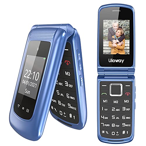 Uleway GSM Telefono Cellulare per Anziani, Telefono Cellulare a Conchiglia con Tasti Grandi Volume Alto Funzione SOS Doppio Schermo di Visualizzazione (1,77” e 2,4”) - Blu