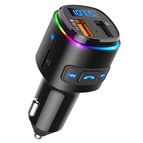 [Upgraded] ORIA Trasmettitore FM Bluetooth per Auto, Trasmettitore Radio Wireless con Siri & Google Assistente, Rapido Caricabatterie Auto per QC3.0, 7 Luci a Colori RGB,  Chiamata a Mani Libere