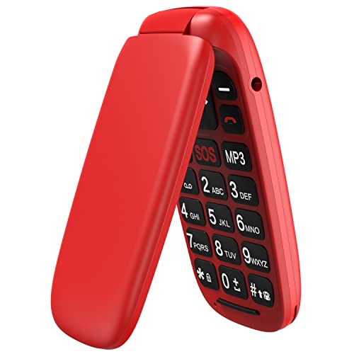 USHINING GSM Telefono Cellulare per Anziani, Telefono Cellulare a Conchiglia con Tasti Grandi Funzione SOS, Cellulare per Anziani Facile da Usare - Rosso