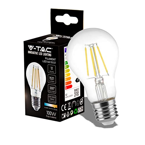 V-TAC Lampadina LED a Filamento con Attacco E27 12W (Equivalenti a 100W) A60 - 1521 Lumen - Lampadine LED Massima Efficienza e Risparmio Energetico - 3000K Luce Bianca Calda, VT-2133