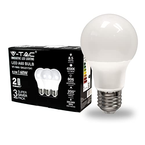 V-TAC Lampadina LED con Attacco E27 8,5W (Equivalenti a 60W) A60 80...