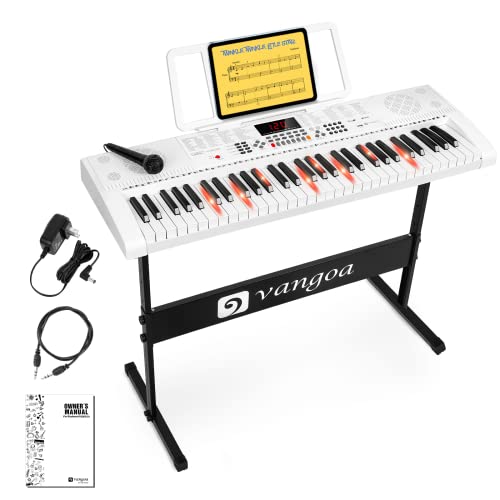 Vangoa Tastiera di Pianoforte 61 Tasti Illuminati con Supporto Set Insegnamento Elettroniche Piano, 600 Timbri, 400 Ritmi, 30 Demo, Bianco