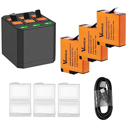 Vemico Hero 5 Batteria Caricabatterie Kit 3 pack 1500mAh Batterie di Ricambio e 3 canali LED Tipo-C USB Caricatore per GoPro Hero 7 Hero 6 Hero 5 2018 AHDBT-501