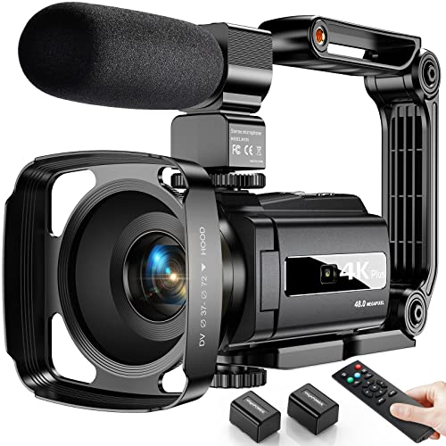 Videocamera 4K, 48MP WiFi Vlogging Camera, Videocamera con IR Visione Notturna 16X Zoom Digitale Videocamera 3  Touchscreen con Telecomando, Microfono, Stabilizzatore Portatile, Paraluce, 2 Batterie