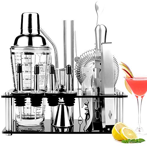 Viesap Shaker Cocktail Set, 17 Pezzi Kit da Barman in Acciaio Inox, Professionale Kit Barman Completo, Set di Strumenti Bar con 400ML Bicchiere Shaker Mensola in Cristallo Spazzola Pulita Filtro.