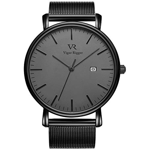 Vigor Rigger orologio da uomo, da polso ultra-sottile colore nero design classico stile minimal classico con calendario e banda di maglia (negro)