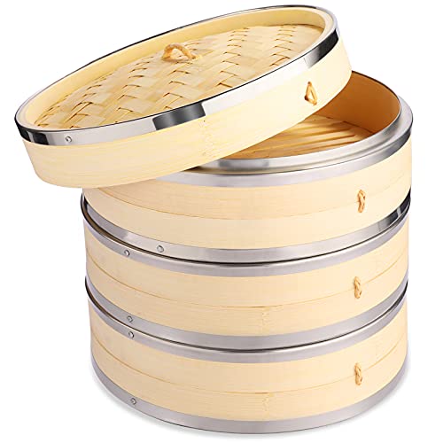 Vobeiy Vaporiera Bamboo 3 Livelli,Premium Naturale bambù Cestello per Cottura a Vapore con Strisce in Acciaio Inox,Artigianato Tradizionale su Misura per Dieta Sana,24CM