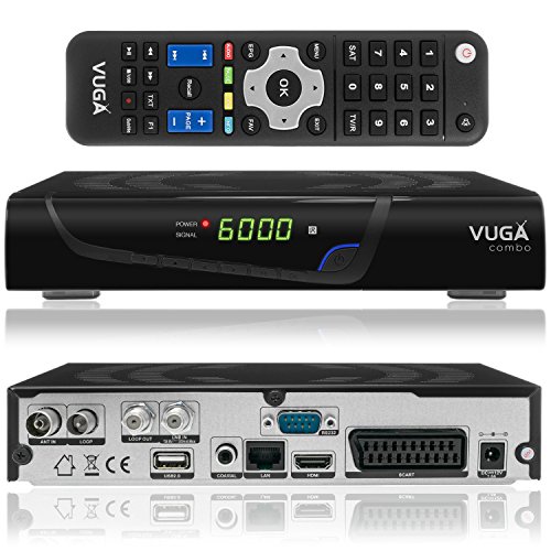 Vuga - Decoder digitale satellitare Combo Full HD, H.265, DVB-C T2 con chiavetta wireless (IPTV, App, DVB-S2, HDMI, SCART, LAN, USB 2.0, Full HD 1080P), nero