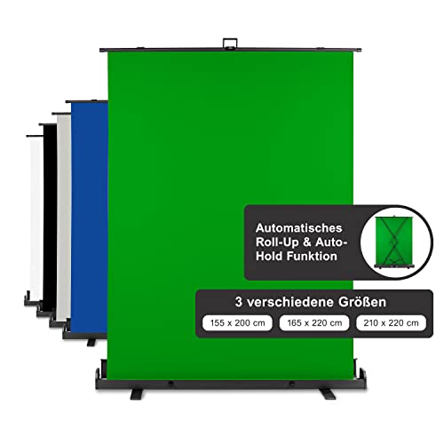 Walimex Pro Roll-Up Panel 165x220 cm green screen con supporto I portatile, sfondo fotografico indipendente per studio fotografico, video chat e streaming I effetto chromakey I scatola di metallo