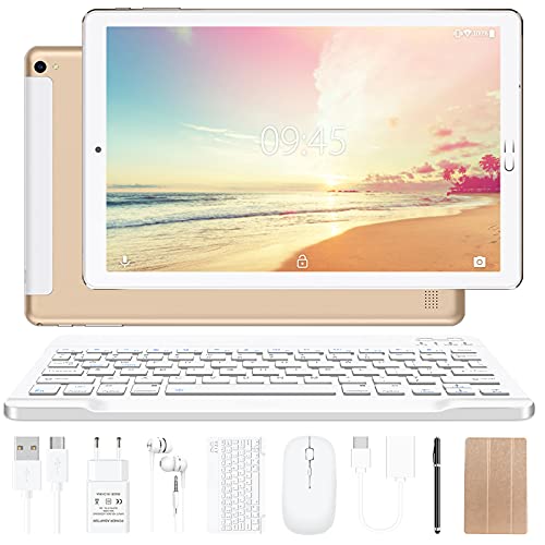 YESTEL Tablet 10 Pollici Android 11 Tablet con 4 GB RAM + 64 GB ROM - WiFi | Bluetooth | GPS, 8000 mAh, con Mouse | Tastiera e Cover-Dorato