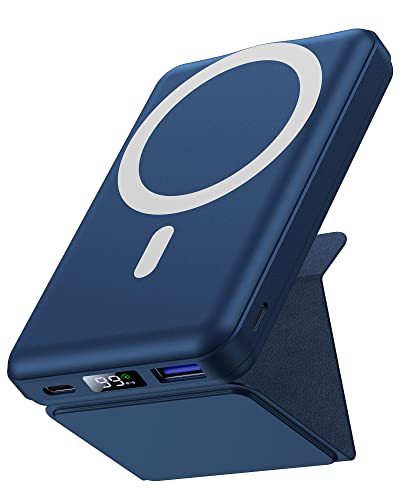 Yiisonger Magnetico Power Bank 10000mAh, Portatile Wireless Magnete Batteria con Bracket, Compatibile con MagSafe, Ricarica Rapida PD 22.5W Risplay LED per iPhone 14 13 12 Mini Pro Pro Max(Blu)