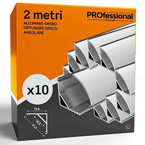 10x Profili Angolari da 2 metri in Alluminio grigio per Strisce LED Coperchio Opaca - larghezza max striscia led 10.5mm - 21.3 x 15.8
