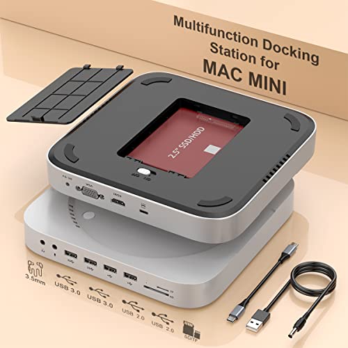 12 in 1 Mac Mini Dock con custodia per disco rigido,Tipo C Dock per Mac Mini M1 con HDMI, VGA, slot SSD HDD, USB 3.0, USB 2.0, TF SD Card Solt, jack video audio Compatibile con Mac Mini Dock 2018 2020