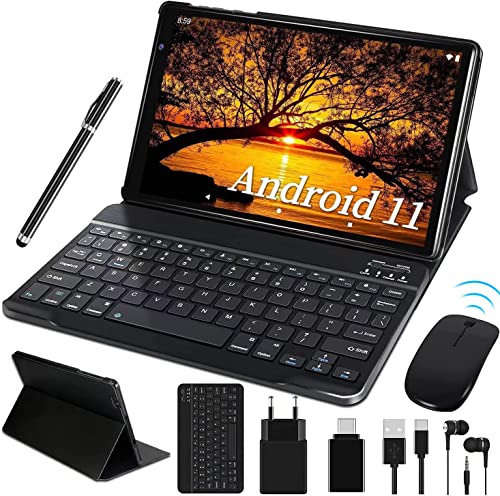 2022 Tablet 10 pollici Android 11,FACETEL Tablet Processore Octa-Core 4 GB RAM 64 GB ROM (estensione 128 GB), 5G+2.4G WiFi ,5MP+8MP ,Schermo IPS HD ,Bluetooth ,8000 mAh ,Tastiera+Mouse + Penna,Nero