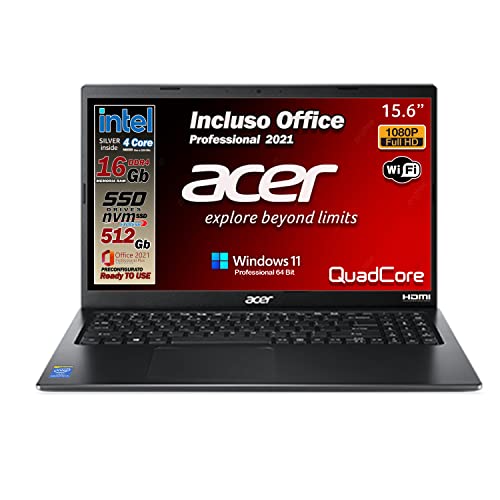 Acer Notebook Intel 4 Core N6000, RAM 16 Gb Ddr4, SSD pci da 512 Gb, Display FULLHD da 15,6 , web cam, 3 usb, hdmi, bt, lan,wi-fi, Win11 Pro, Office Pro, Pronto all uso e preconfigurato Gar. Italia