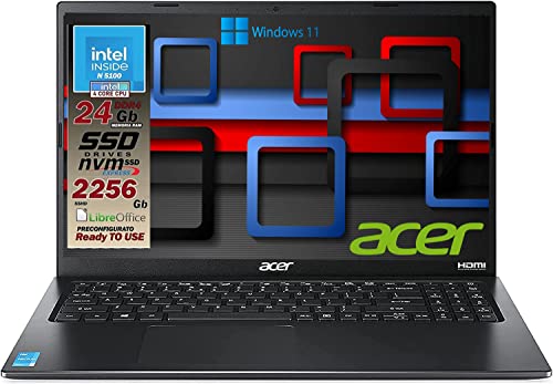 Acer Notebook Intel N5100 4 Core, Ram da 24 Gb Ddr4, SSDHD da 2256GB, Display Full HD IPS da 15,6 , Web cam, usb, hdmi, bt, lan, wi-fi, Win11 Pro, Libre Office, Pronto all uso Gar. Ita